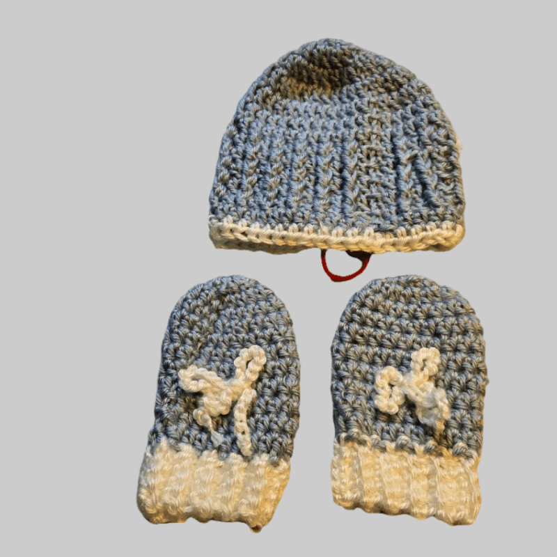 Newborn hat and mitten set blue and white - Stitched Creations