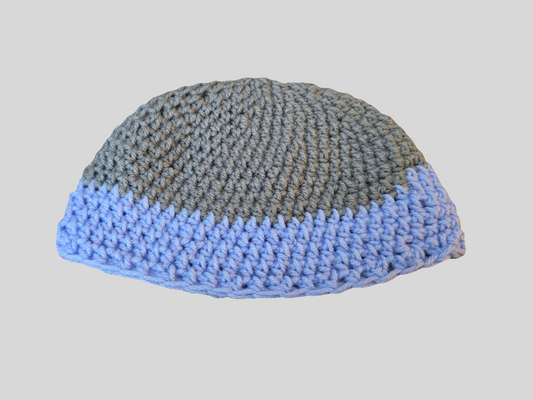 Handmade youth beanie hat in light blue and gray, stretchable yarn, children's unisex winter accessory