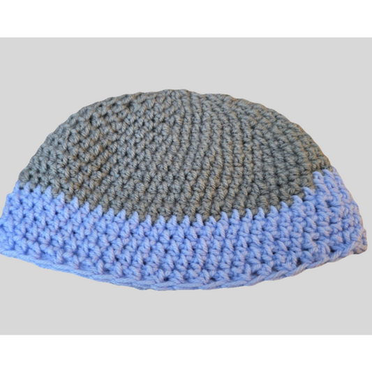 Handmade youth beanie hat in light blue and gray, stretchable yarn, children's unisex winter accessory
