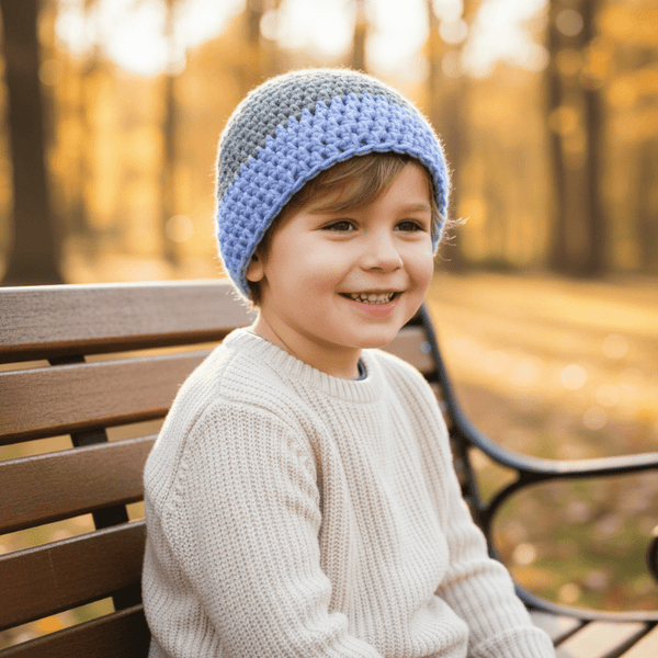 Youth beanie hat light blue and gray - Stitched Creations