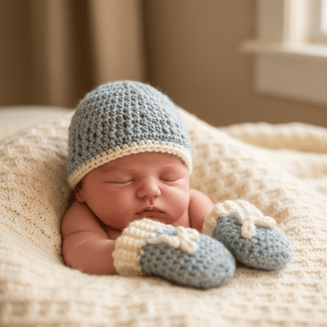 Newborn hat and mitten set blue and white - Stitched Creations