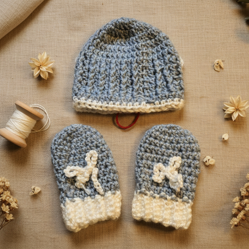 Newborn hat and mitten set blue and white - Stitched Creations