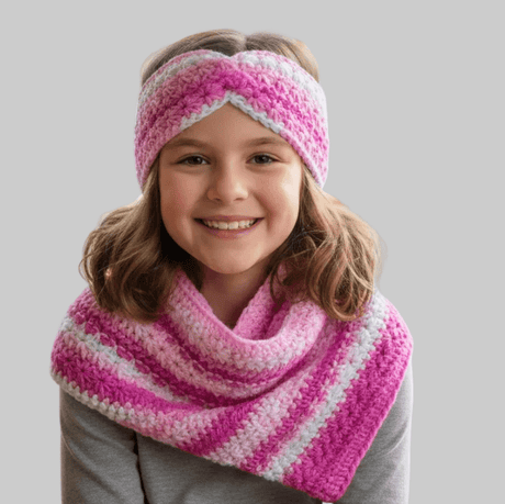 Youth scarf and head band pink and white - Stitched Creations