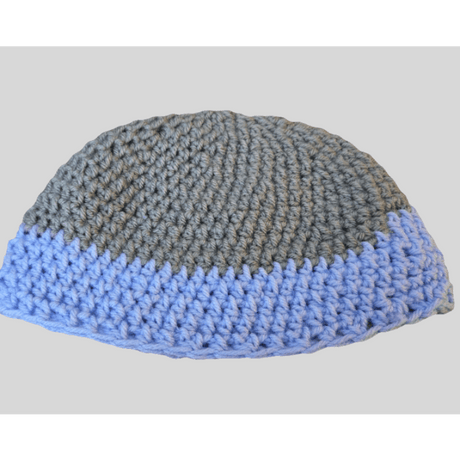 Handmade Youth Winter Beanie Hat – Light Blue & Gray - Stitched Creations