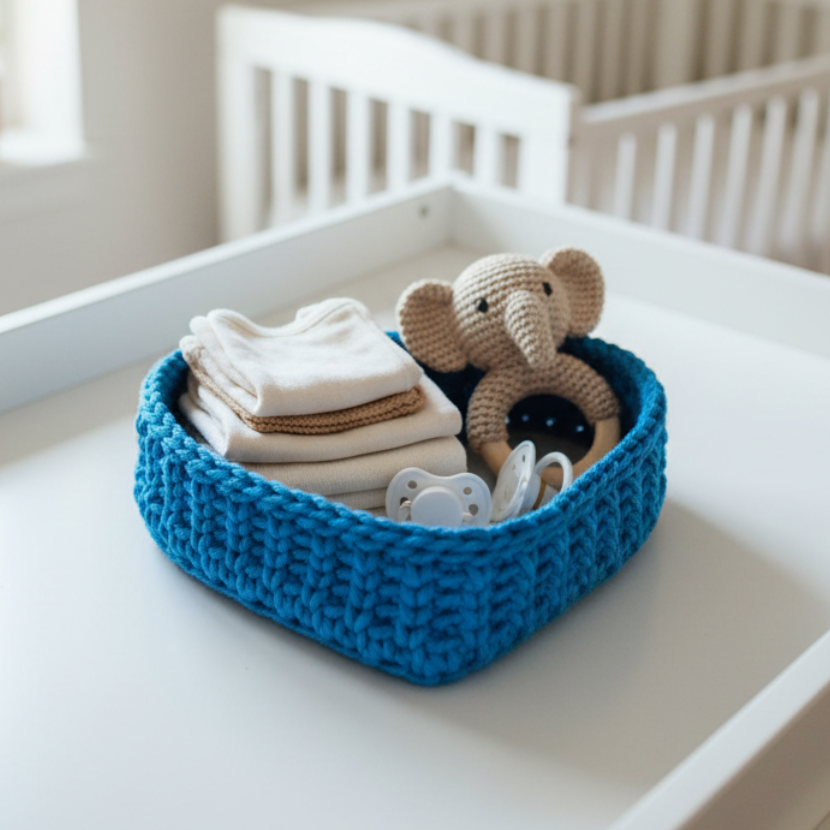 Handmade heart shaped basket made from macrame cord with a wood bottom. Color summer blue and measures 8 x 10.