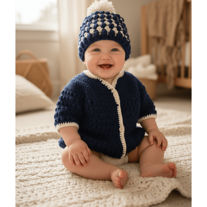 Handmade blue baby sweater with matching hat - Stitched Creations