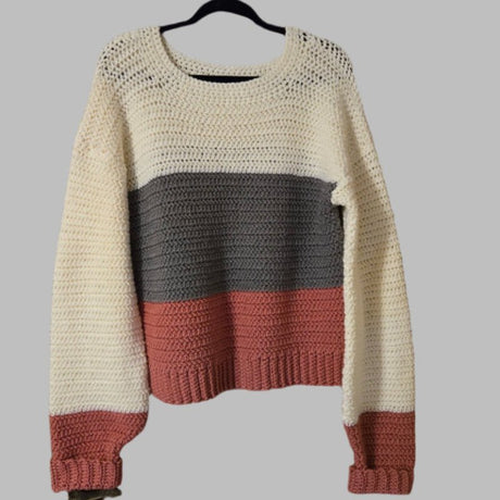 Handmade Pullover Sweater - Cream Gray Mauve Knit Sweater for Women - Stitched Creations