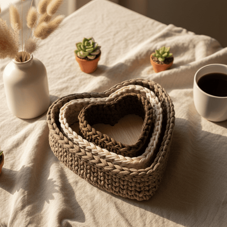 Set of 3 Handmade Heart-Shaped Macrame Baskets - Stitched Creations