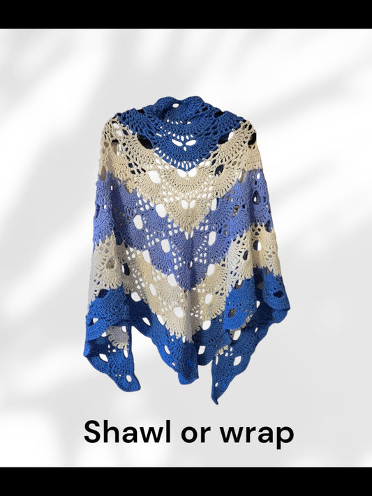 Multicolored cotton shawl or wrap, blue and violet, 36x77 inches.