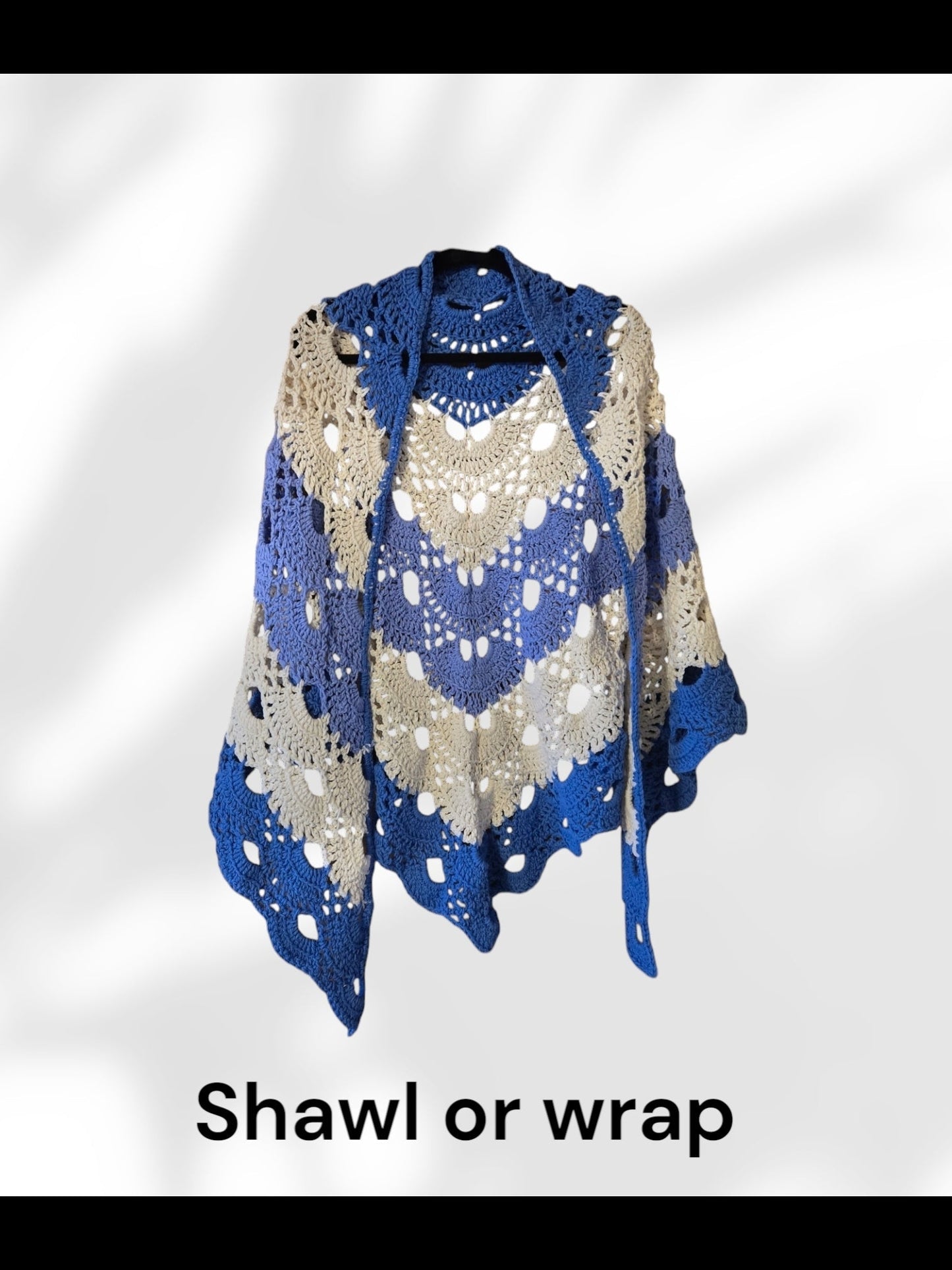 Multicolored blue and violet shawl wrap, 36x77 inches, cotton.