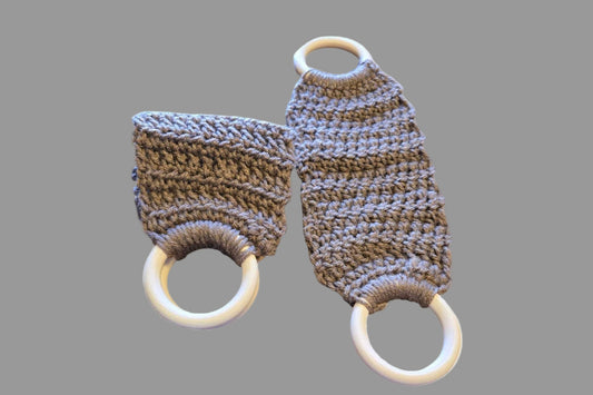 Brown dish towel holders with one and two 3-inch rings, handmade knit design.