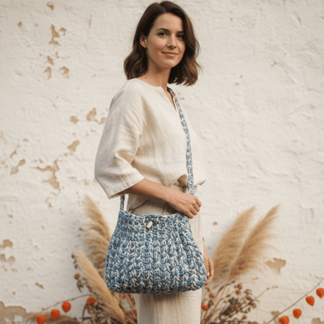 Multi-Colored Blue Crocheted Shoulder Bag - Handmade Purse - Stitched Creations