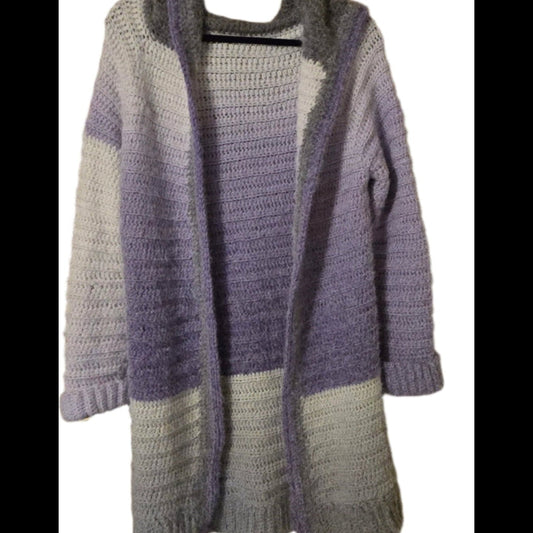 Multi-colored cardigan in grays and purples. Extra-long sweater with hood.