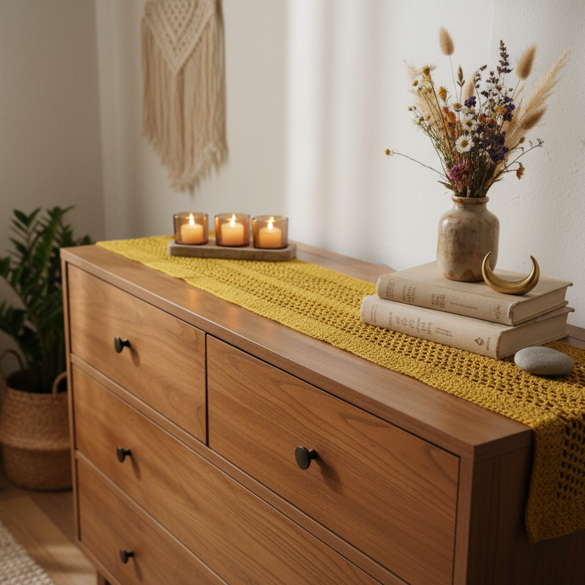 Mustard Crochet Dresser Runner Styled Photo