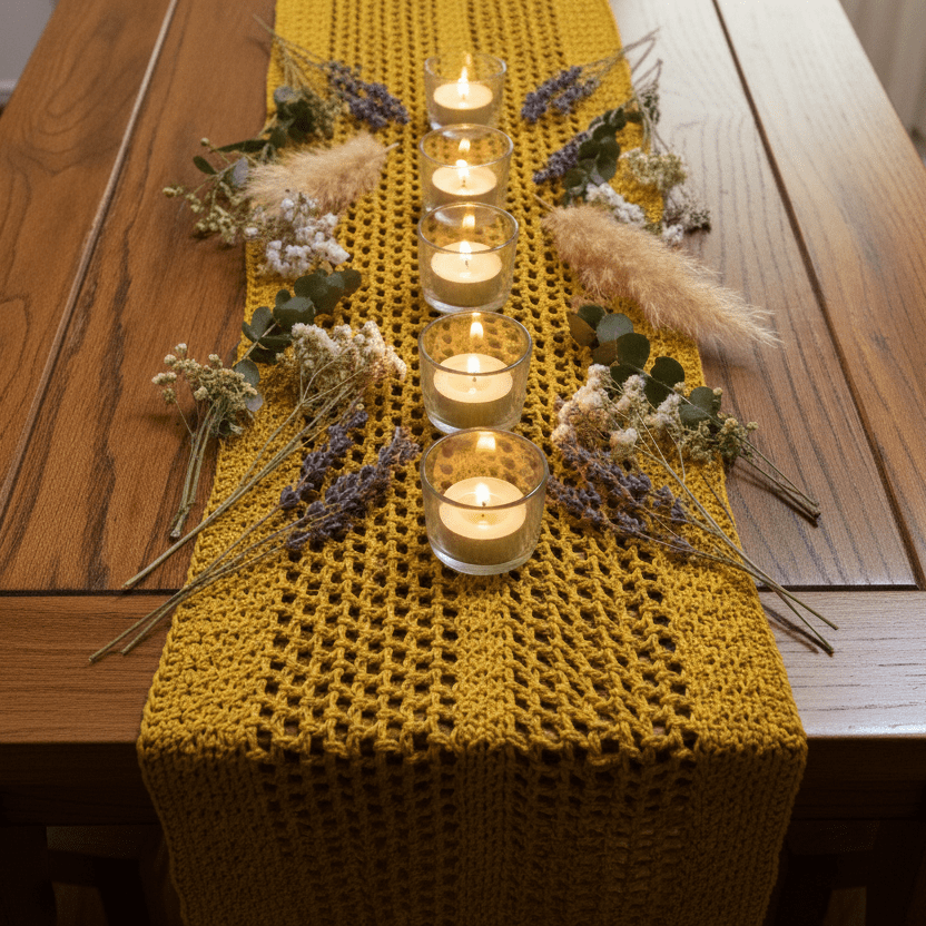 Handmade Crochet Table Runner 66" x 11" – Mustard Yellow Boho Farmhouse Decor - Stitched Creations