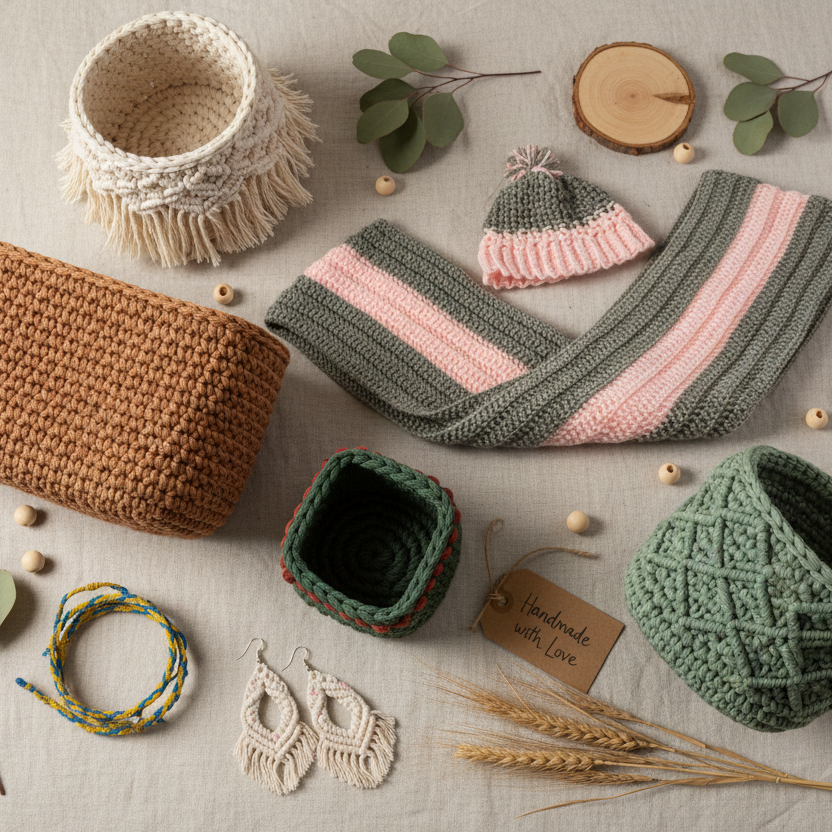 Collection of handcrafted items including a knitted bag, scarf, and baskets on a neutral background.