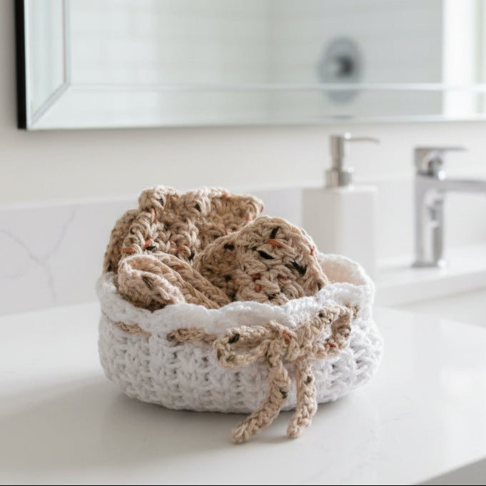 Gift basket includes 2 wash clothes, soap saver and facial scrubby and basket to hold all products.