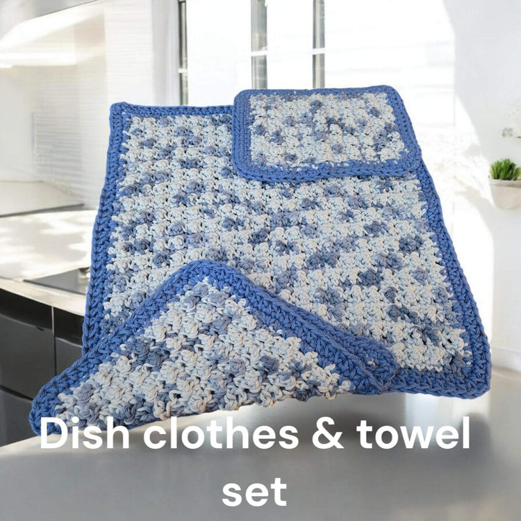 Blue and white dish towel set with two dish clothes handmade.