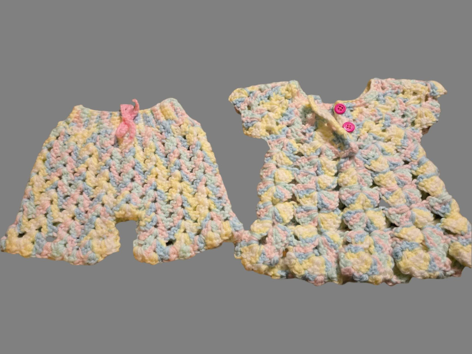 newborn baby top and short pant set with colorful crochet design and buttons