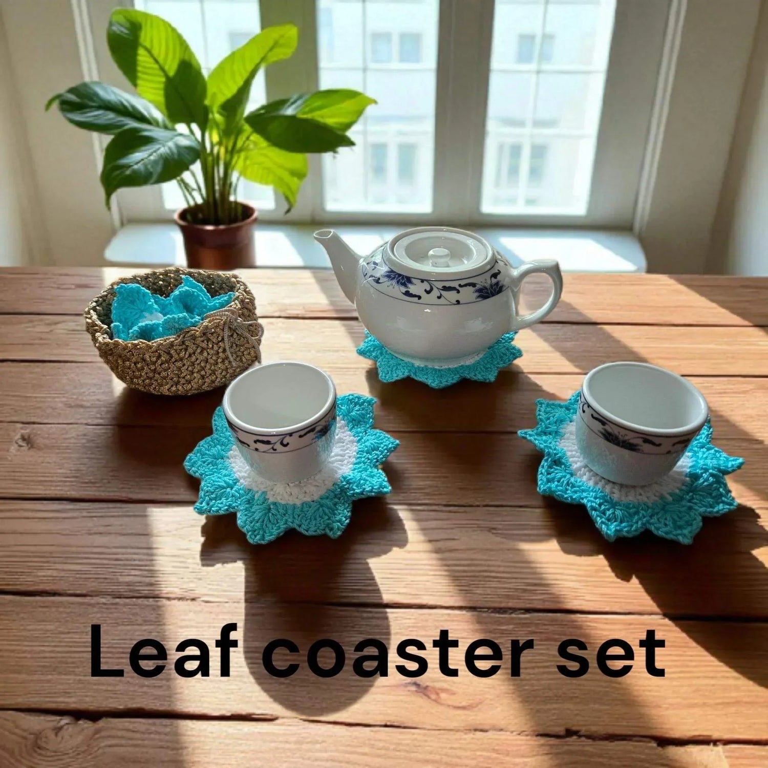 Leaf coaster set with decorative basket. Set of four.