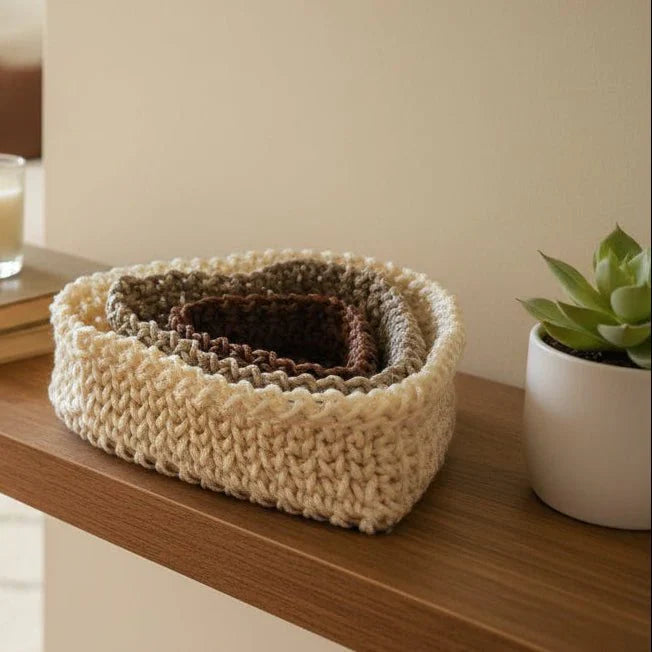 Three handmade baskets cream, tan and brown sold in set of three