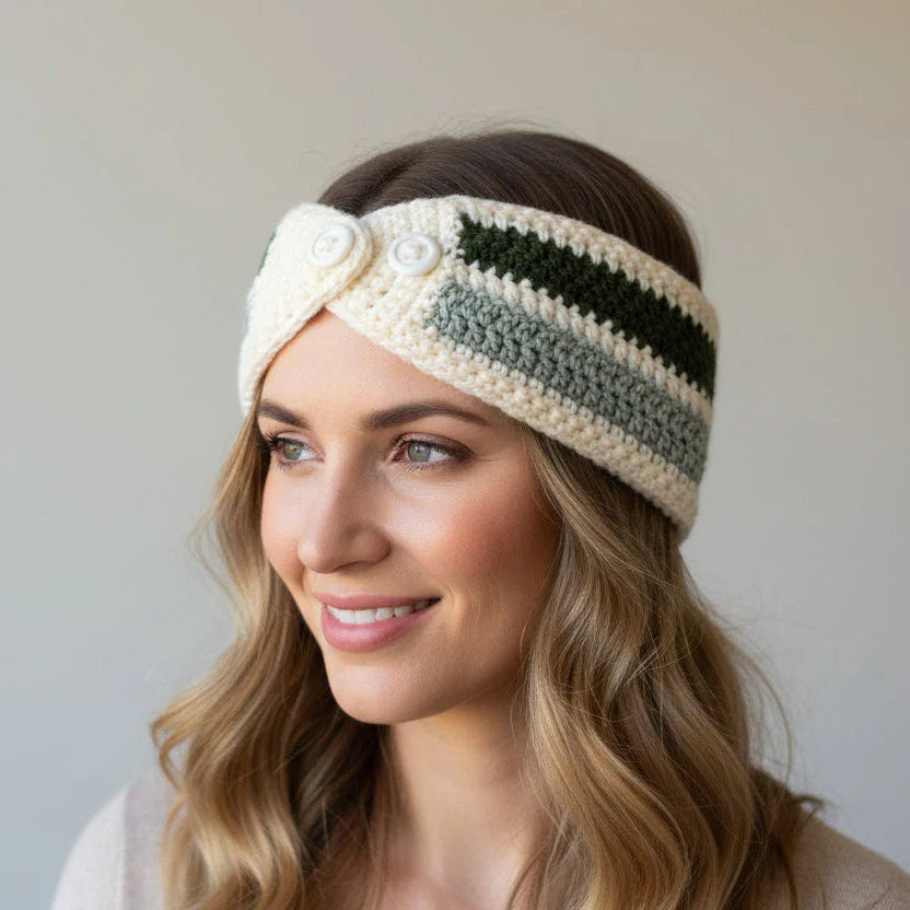 Handmade winter headband with buttons .  Colors green, cream and dark green.