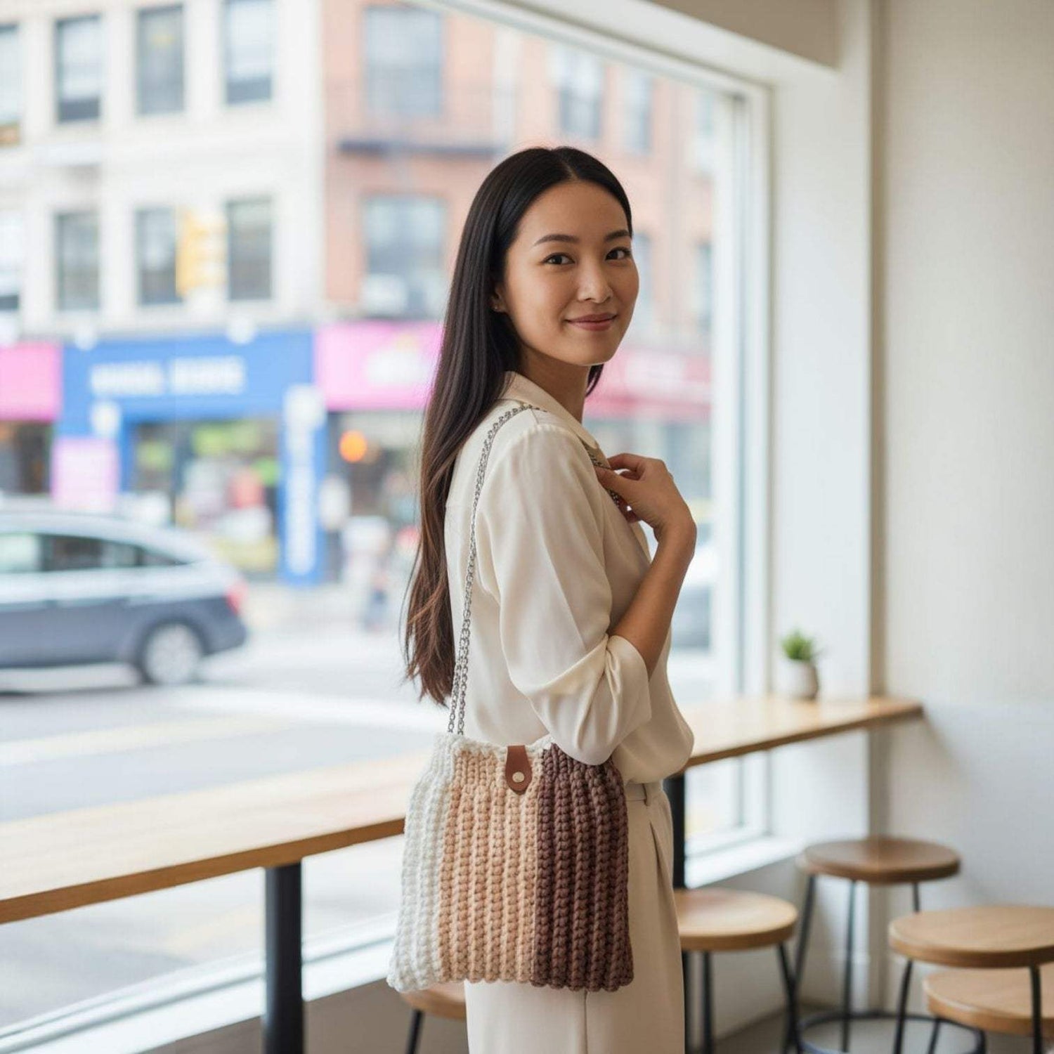 model holding brown, white and tan purse with chain handles
