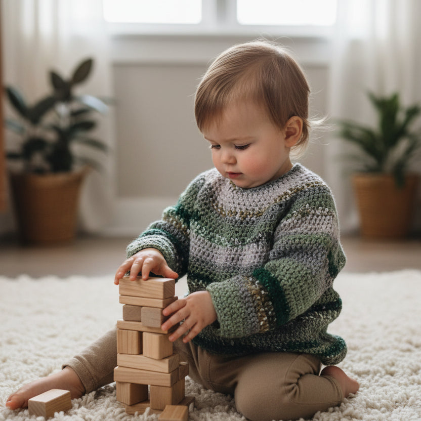 Handmade Baby cardigan with a hood multi colored blues.