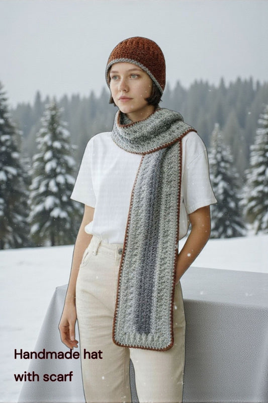 Handmade winter hat and scarf set made in gran, light gray and maroon.  A must have cold winter weather