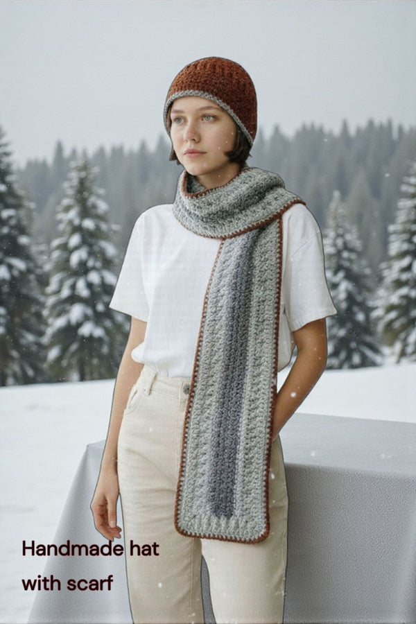 Handmade winter hat and scarf set made in gran, light gray and maroon.  A must have cold winter weather