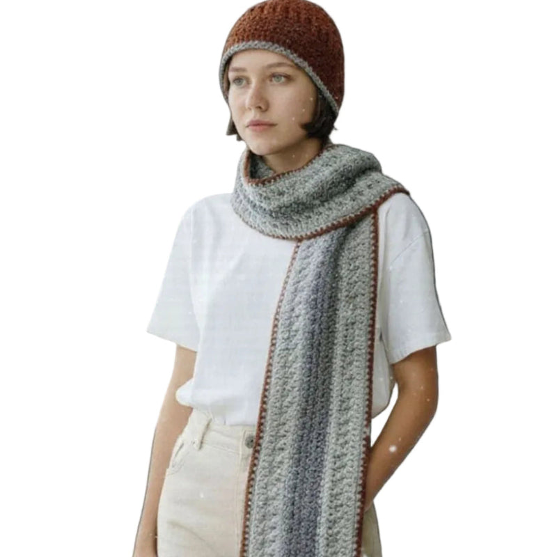 Handmade winter hat and scarf set made in gray, light gray and maroon.  A must have cold winter weather
