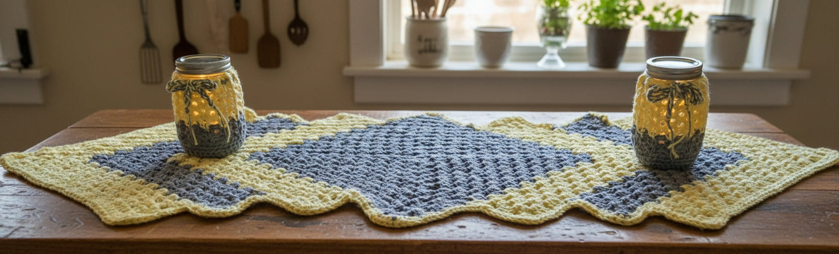 Handcrafted yellow and gray crocheted cotton table runner with two mason jar tea light holders