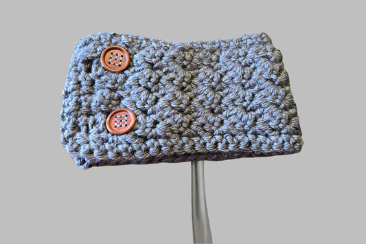 Dark gray stylish winter headband with buttons, extra wide and warm wool yarn.