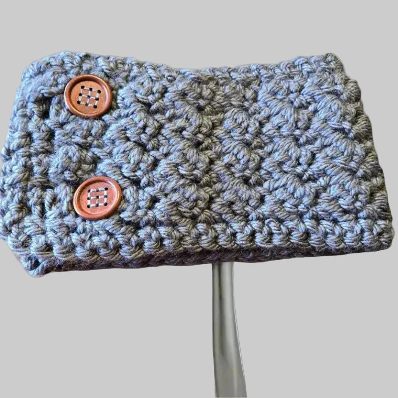 Extra-Wide Dark Gray Wool Crochet Headband – Adjustable Button Ear Warmer