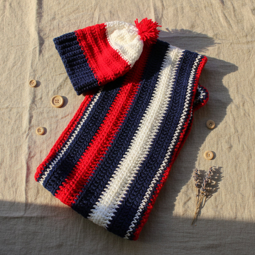 Hat and scarf set red, white and blue - Stitched Creations