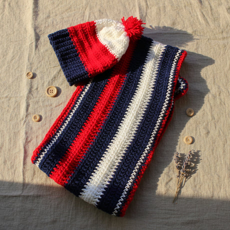 Hat and scarf set red, white and blue - Stitched Creations