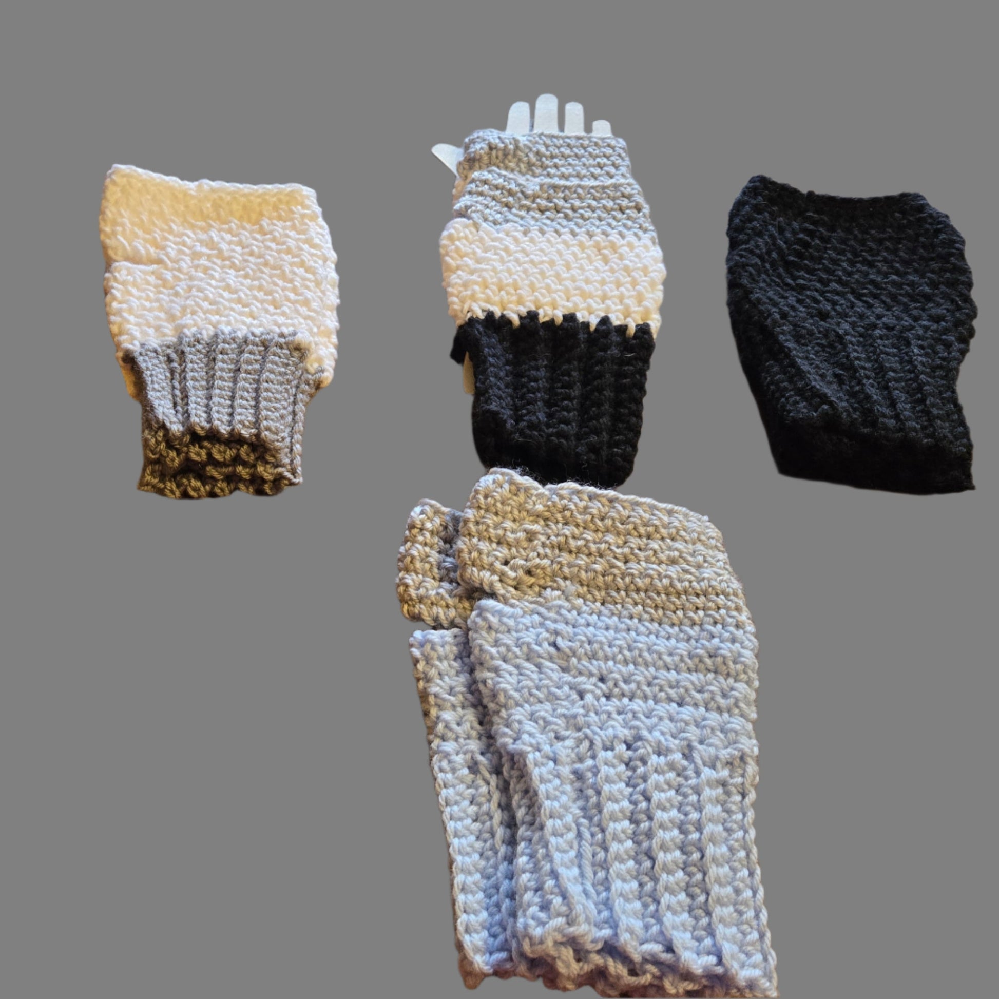 Hand-crocheted fingerless gloves in various colors, ideal for typing and texting.