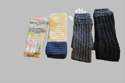 Extra long fingerless gloves in gray, black/gray, multi-color, and cream/dark blue.