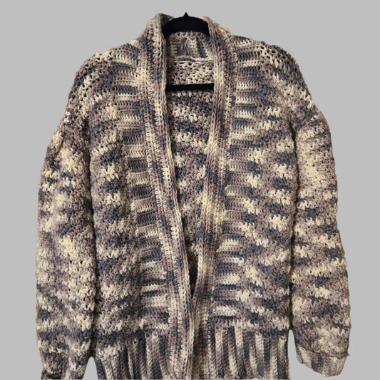 Multi Brown Sweater Cardigan with cozy knit design.