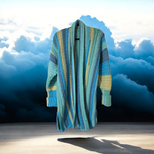 Multicolored sweater cardigan with cozy material for warmth and style.