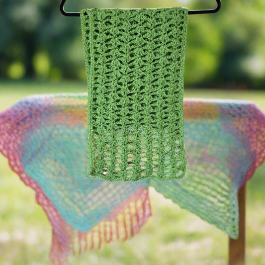 Bright lime green summer wrap shawl, 58 inches long, outdoor display.