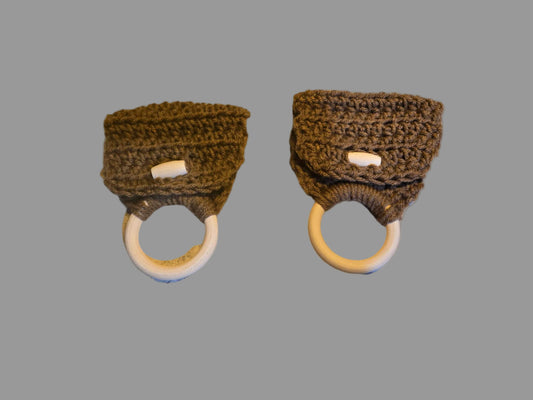 Brown dish towel holders with wooden rings in two designs, one-ring and two-ring options.