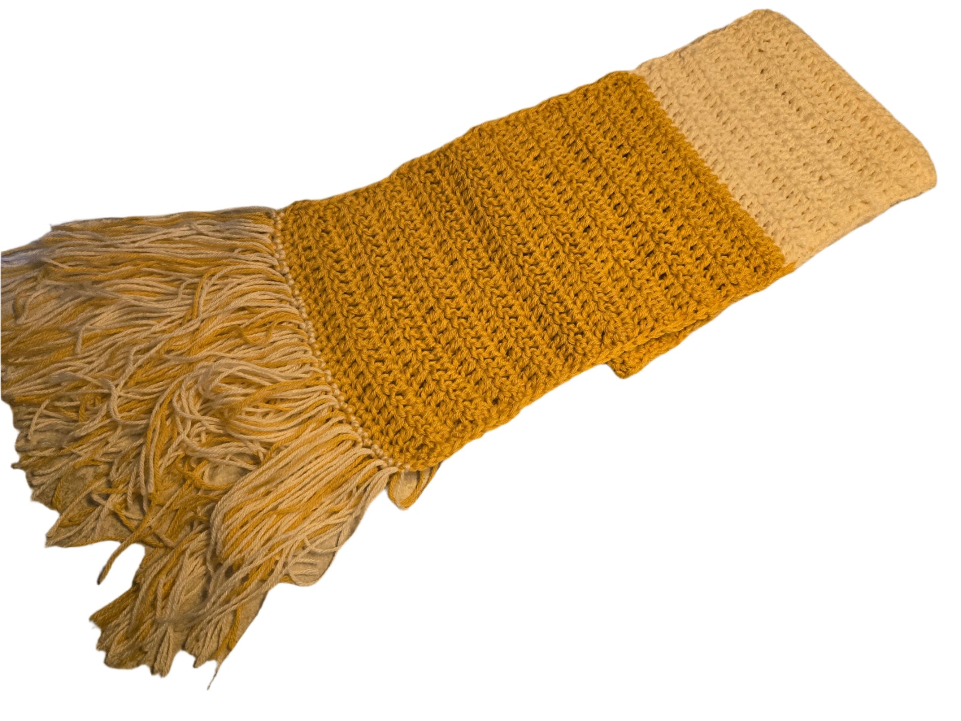 Youth scarf in gold and white, 52-inch length with fringe, 6.5-inch wide.