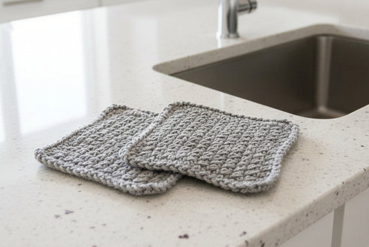 Handmade gray cotton dish clothes set of two machine washable reusable