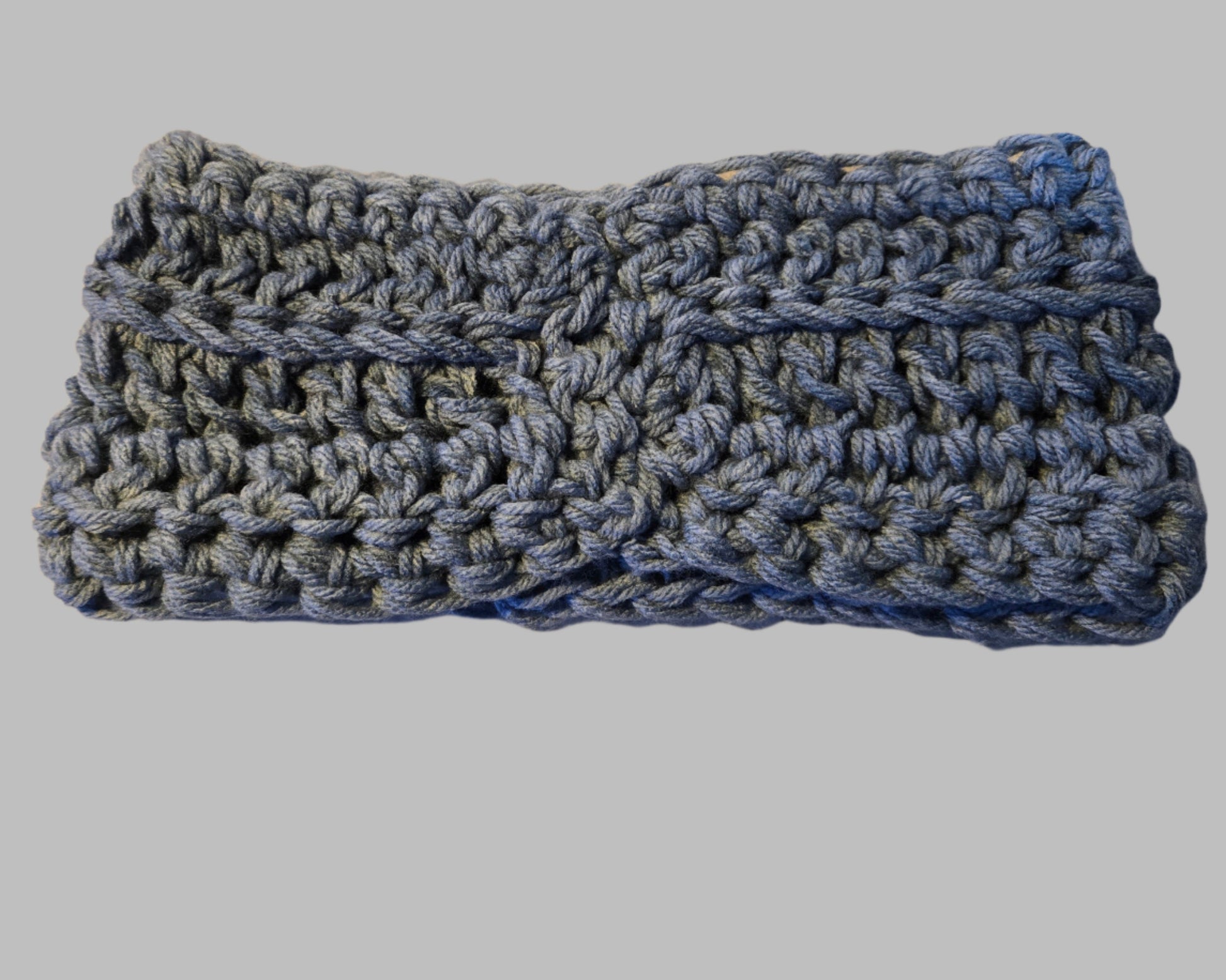 Blue-gray chunky winter head band for cold weather style.