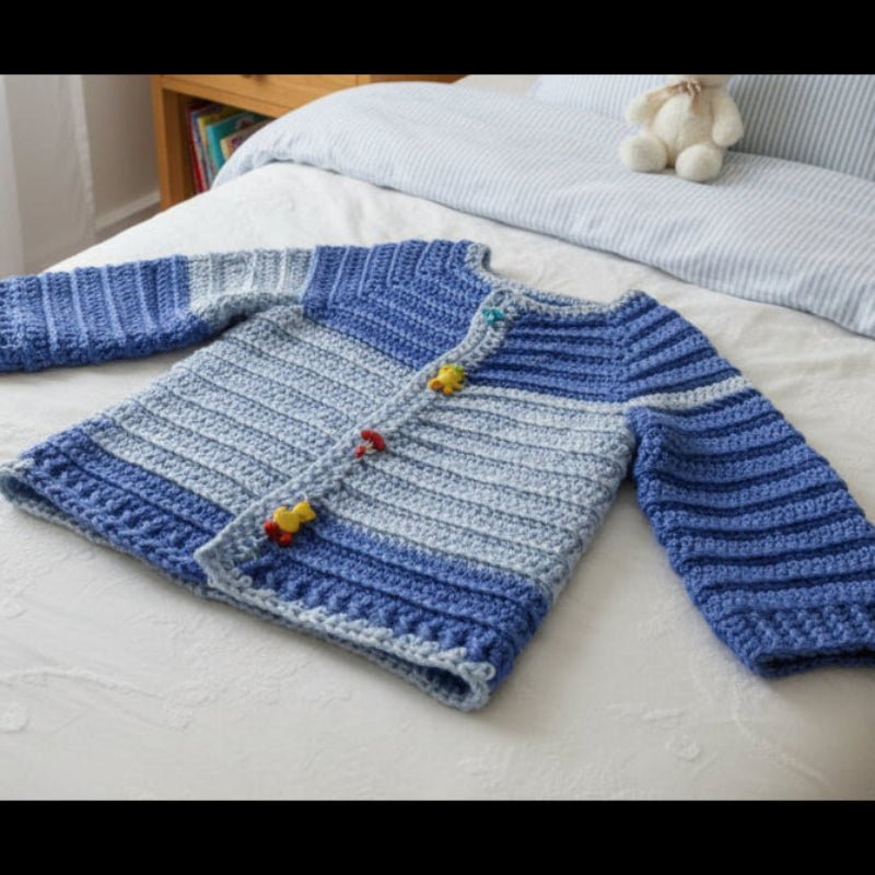 Handmade Crochet Baby Cardigan - Blue Baby Sweater 6-9 Months - Stitched Creations