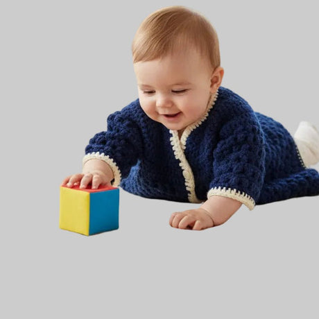 Handmade blue baby sweater with matching hat - Stitched Creations