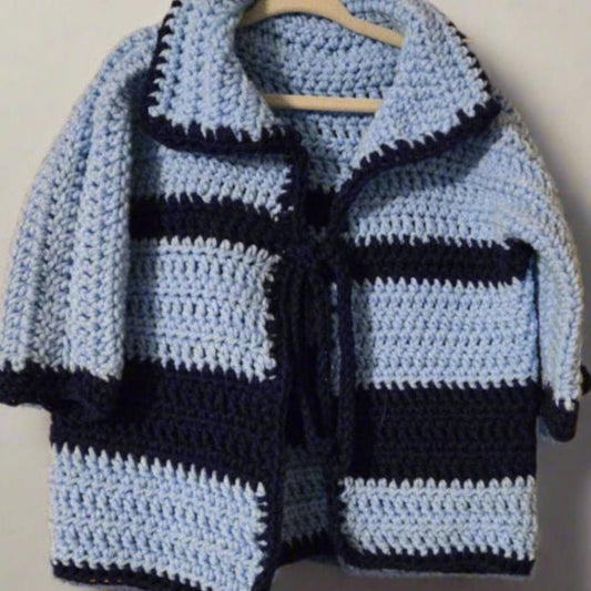 Baby cardigan and hat set in blue with pom pom, cozy knit for 6-9 months baby