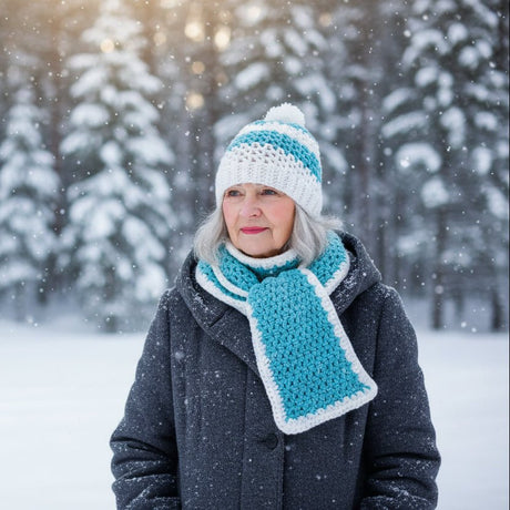 Hat and Scarf Set adult size green and white - Stitched Creations