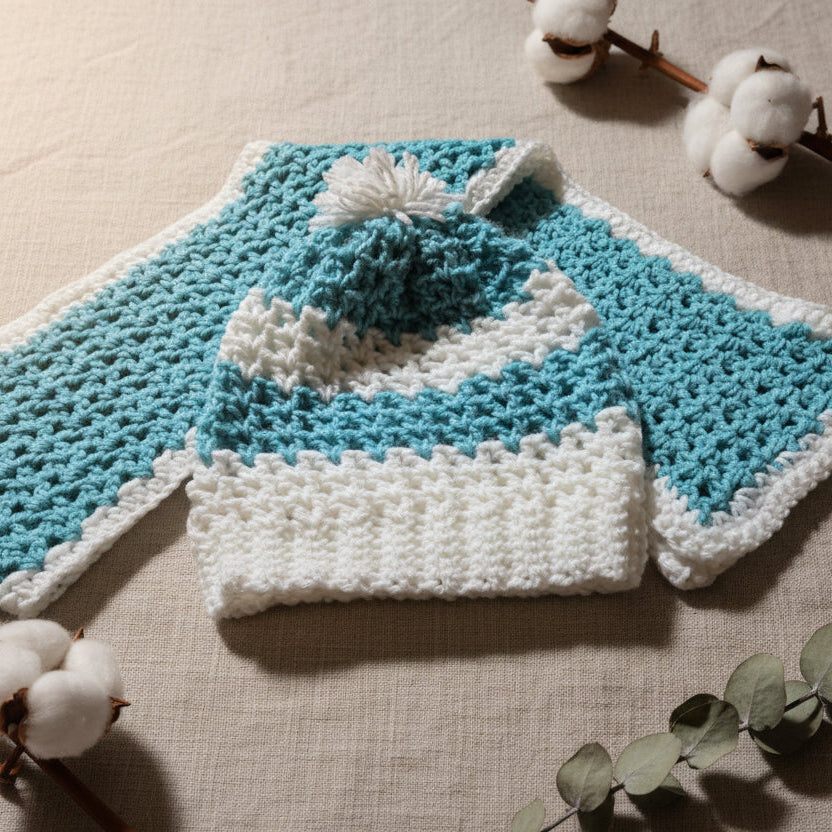 Hat and Scarf Set adult size green and white - Stitched Creations